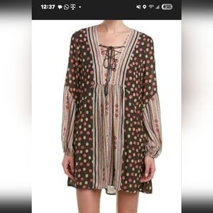 Free People Charcoal and Cream Floral Long Sleeve Dress Size S